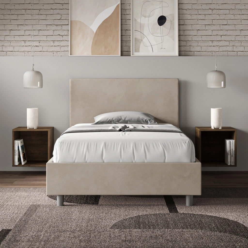 BS COM Letto una piazza e mezza contenitore imbottito 120x200 microfibra sabbia