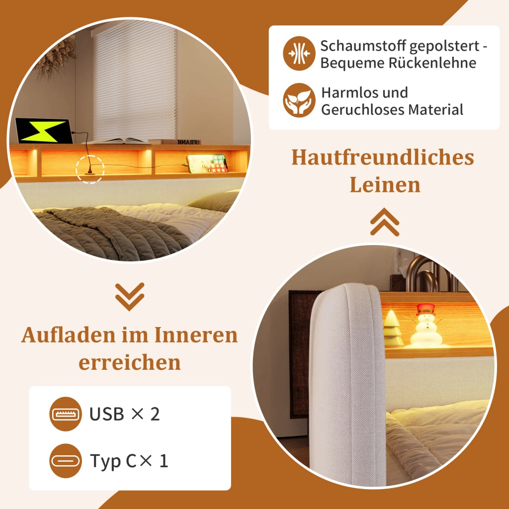 LETTO Imbottito 140x190 cm Beige con LED, USB-C e 2 cassetti