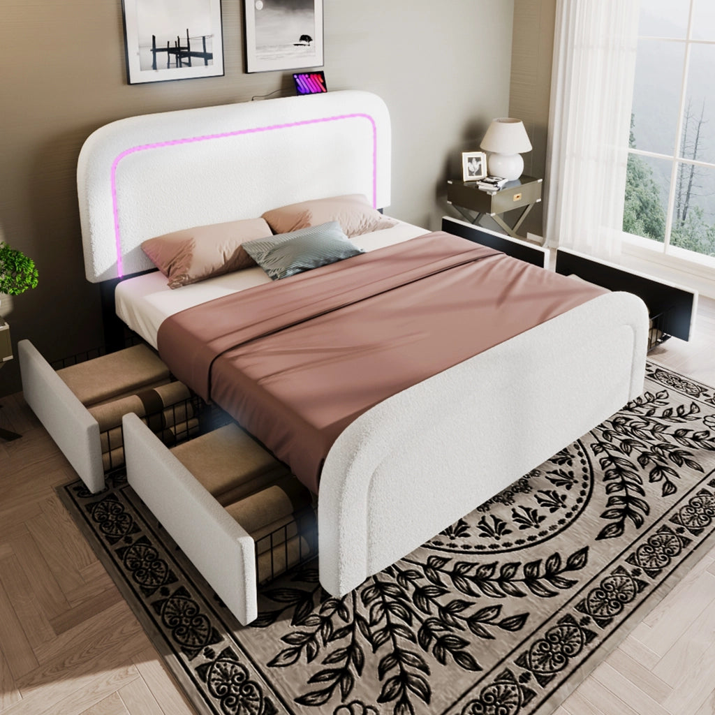LETTO 160x200 cm Sherpa Bianco con USB Type-C, LED e 4 Cassetti