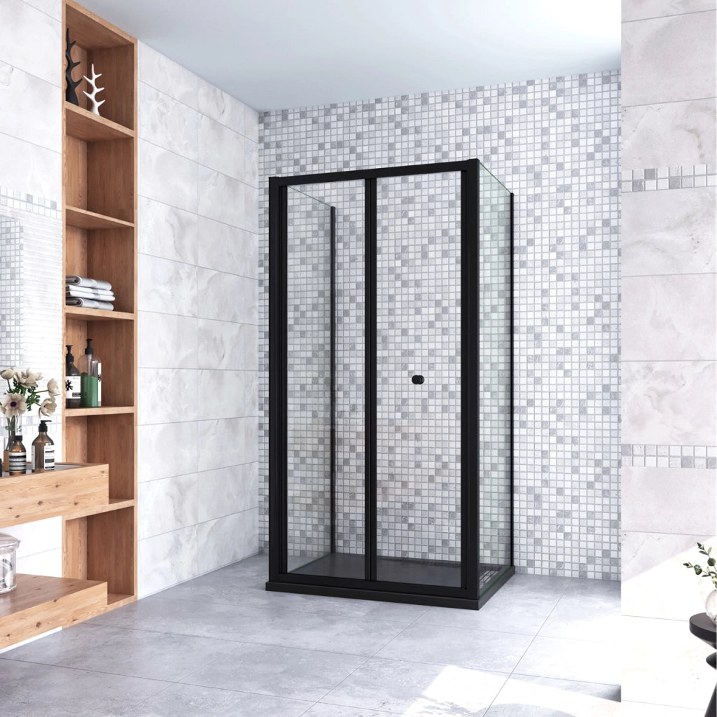 185cm Box Doccia a Tre Lati Porta a Soffietto 90cm con Doppia Parete Fissa 80x80cm in Vetro Temperato Trasparente 5 mm Profilo Nero Opaco