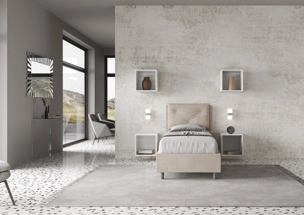 BS COM Letto singolo con rete imbottito 80x190 microfibra sabbia