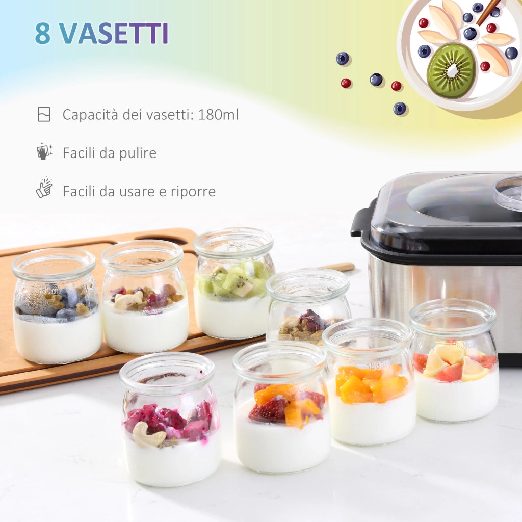 EasyComfort Yogurtiera Elettrica 25W con 8 Vasetti Inclusi, Timer 1-48 Ore e Temperatura Regolabile 20-50°C, 36x18.8x14cm, Argento