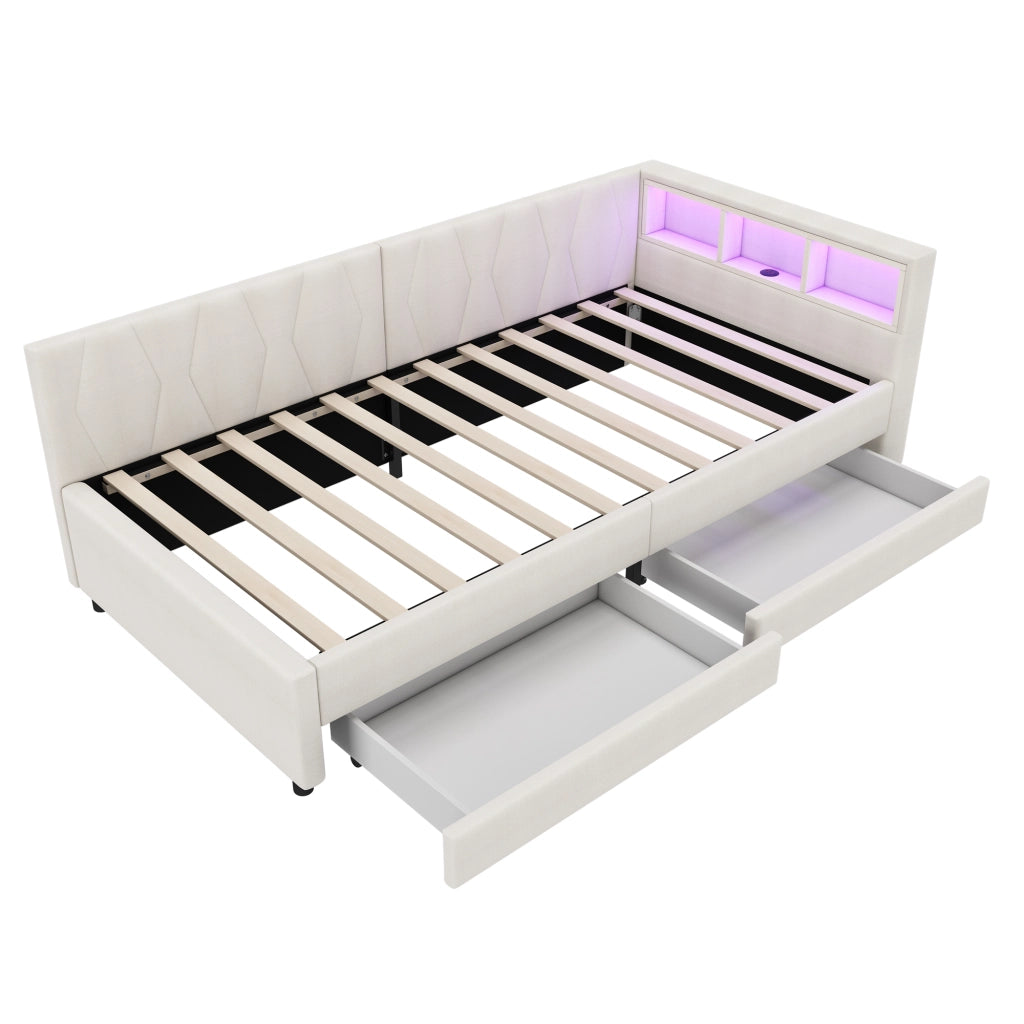 Daybed 90x200 cm in lino e MDF, con LED, USB+Type C, 2 cassetti e vani contenitore