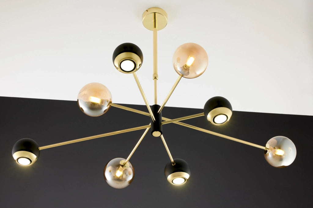 Sospensione MOKA oro/nero globi ambra 8 luci Jupiter