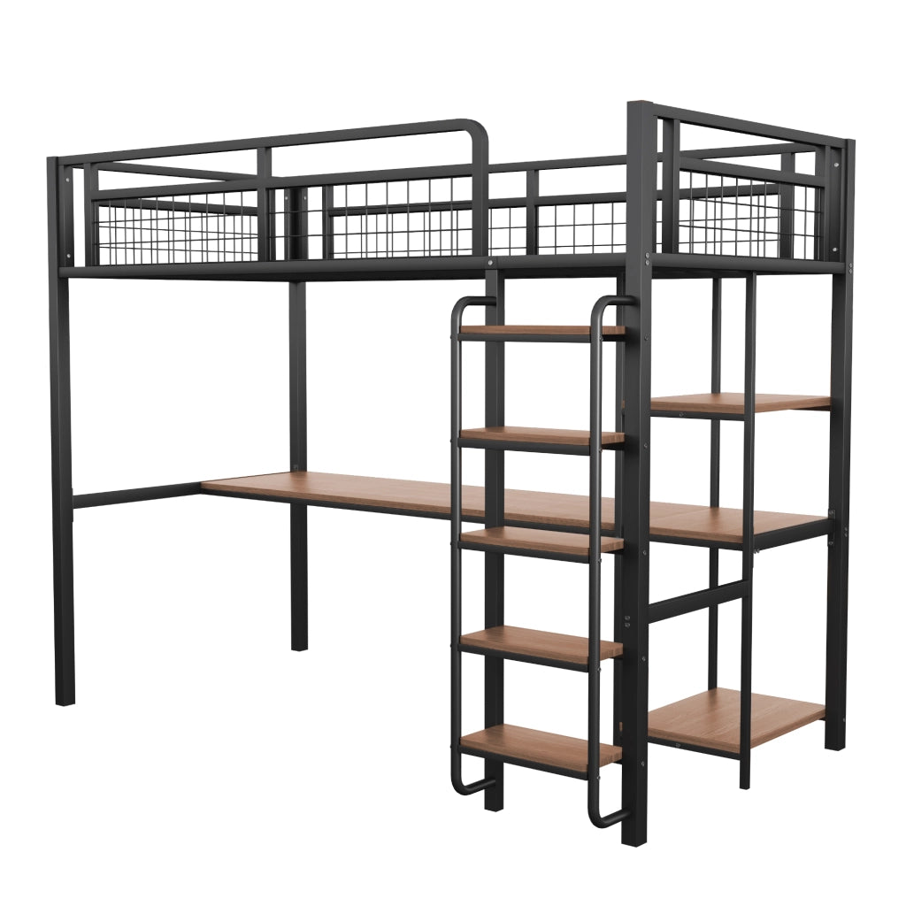 Letto a soppalco in metallo 90x200 cm con scala di sicurezza, tavolo e ripiani, nero
