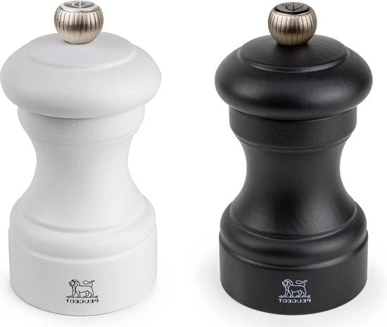Set di Molini Sale e Pepe a Regolazione - 10 cm - Legno di Faggio - Nero Lucido e Bianco - Matt
