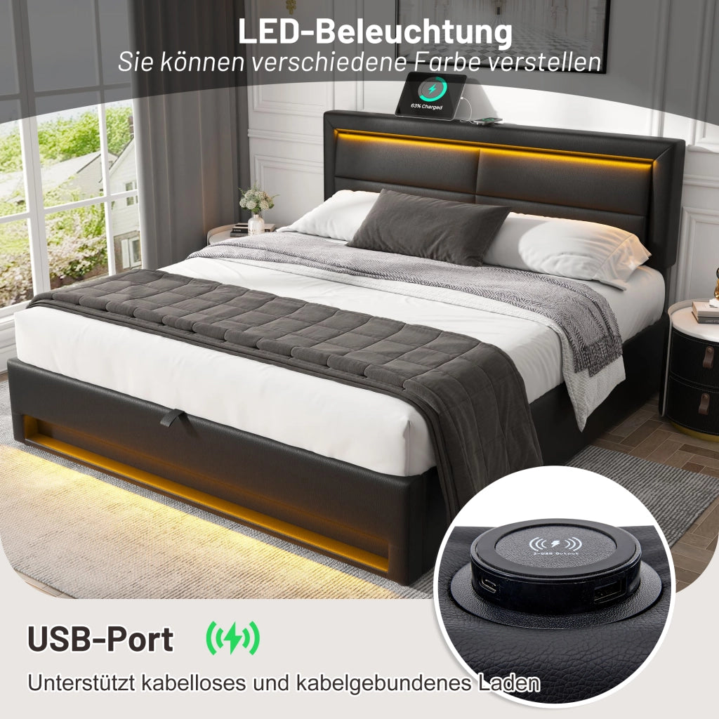 LETTO Imbottito 140x200 cm PU Nero con USB, LED e contenitore