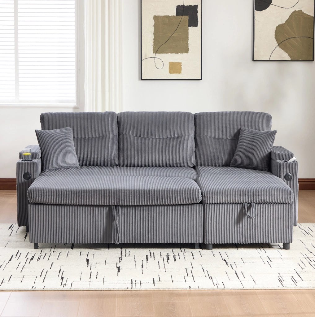 Divano letto 212.5x136x86 cm con penisola idraulica; letto estraibile in corduroy grigio carbone
