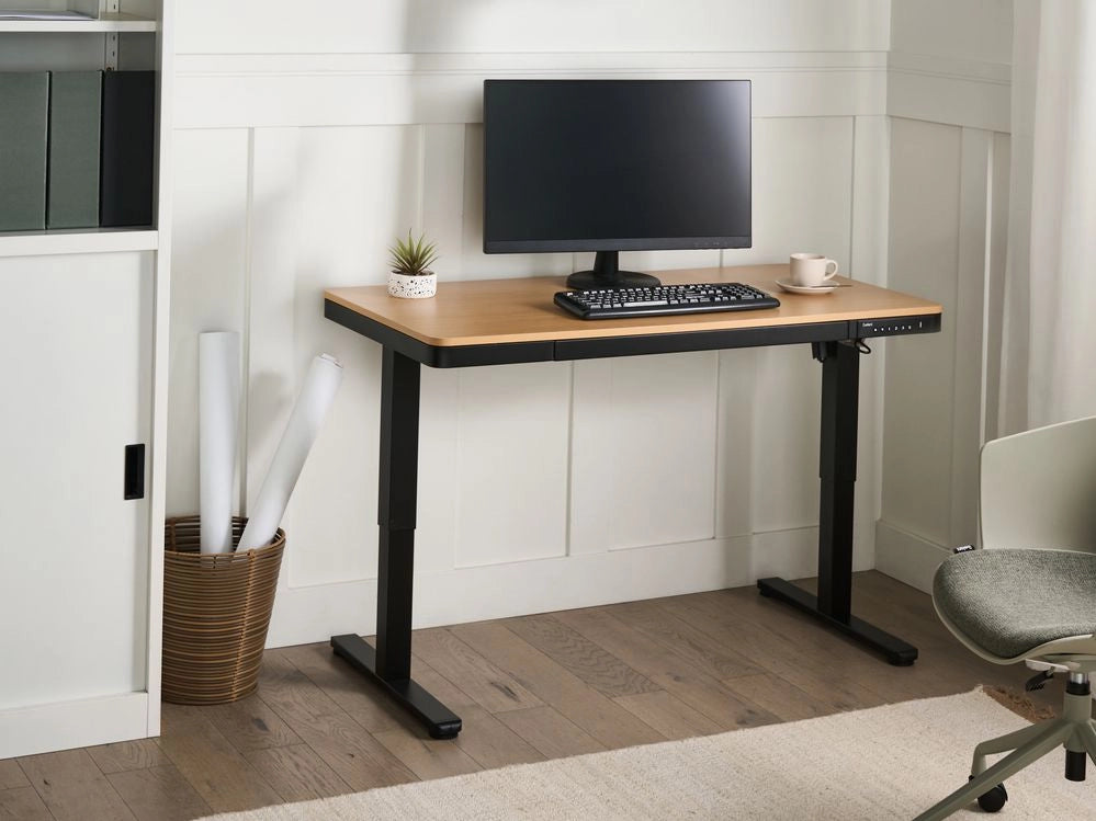Adjustable Desk Light Brown Top Black Steel Frame and Legs 120 x 60 Stand and Sit Home Office Stand and Sit Scandinavian Design