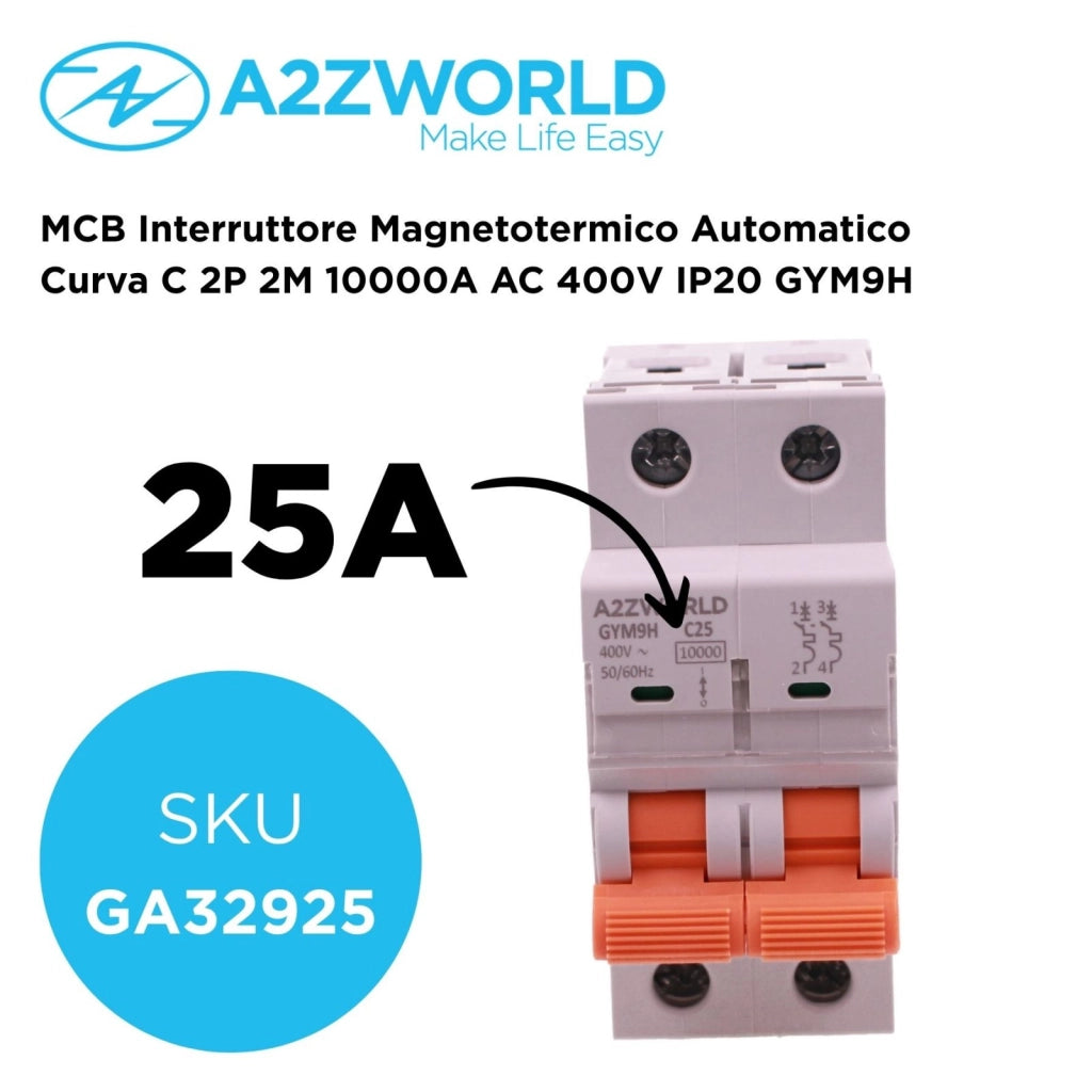 MCB Interruttore Magnetotermico Automatico Curva C 2P 2M 10000A AC 400V IP20 GYM9H, Accoppiabile Con Bobina di Sgancio GA01231 GA01232, Disponibili 25A 32A 40A 63A (C25A)