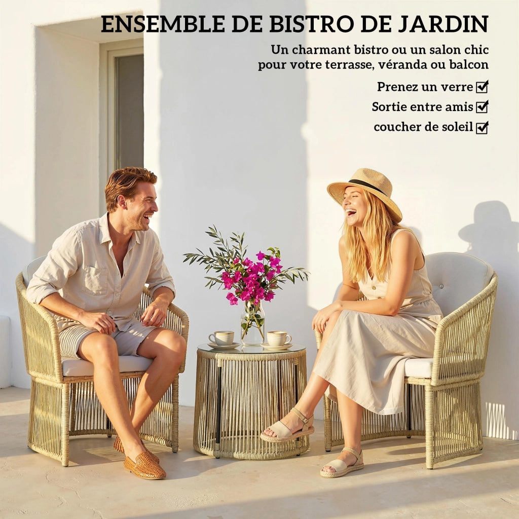 Set tavolo e sedie da esterno in polyrattan con cuscini ¨C Minimal ¨C crema
