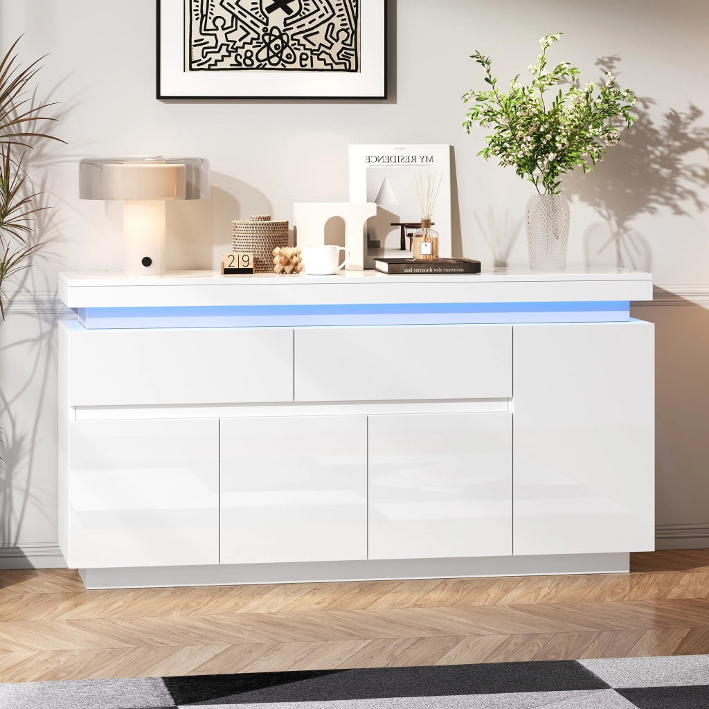 Credenza soggiorno 140 x 35 x 72,5 cm con 2 cassetti, 4 ante e illuminazione LED, bianco lucido