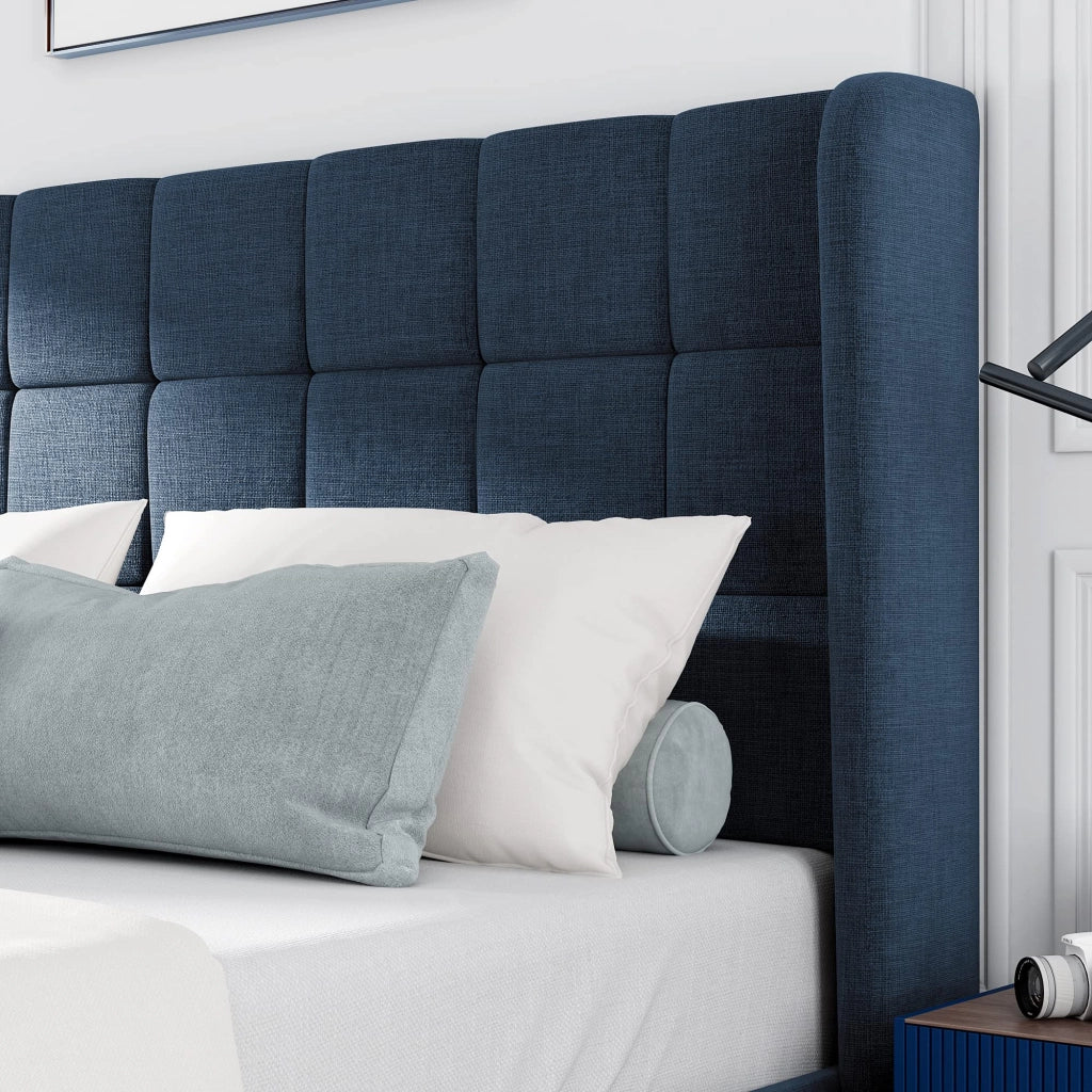 LETTO imbottito 140x200 cm in lino blu con rete a doghe