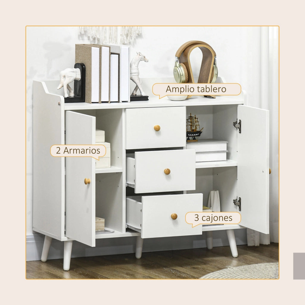Credenza Moderna con 2 Ante e 3 Cassetti ¨C Minimal ¨C Bianco Legno Pino 90x32x80