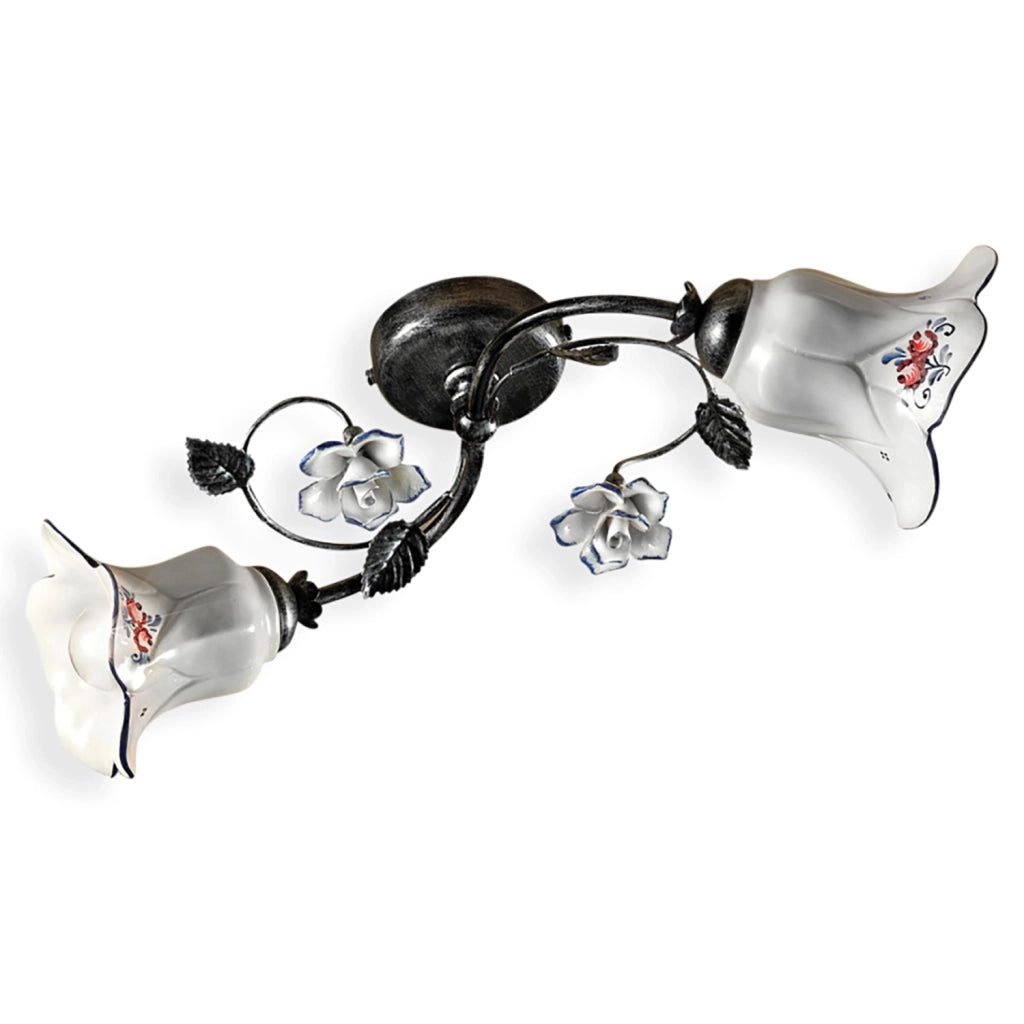 Plafoniera Classica Pisa Metallo E Ceramica Nero Sfumato Argento 2 Luci E14