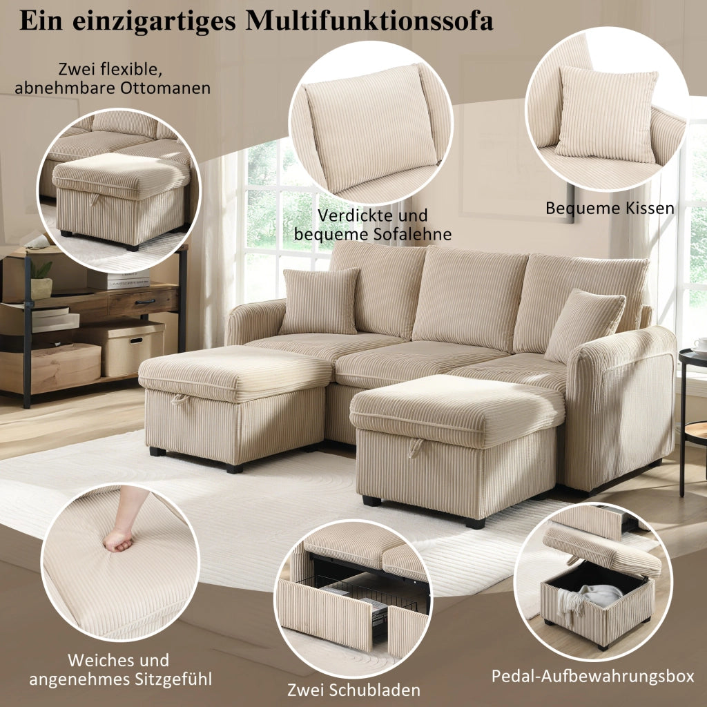 DIVANO 3 posti modulare con 2 pouf contenitore, tessuto corda beige