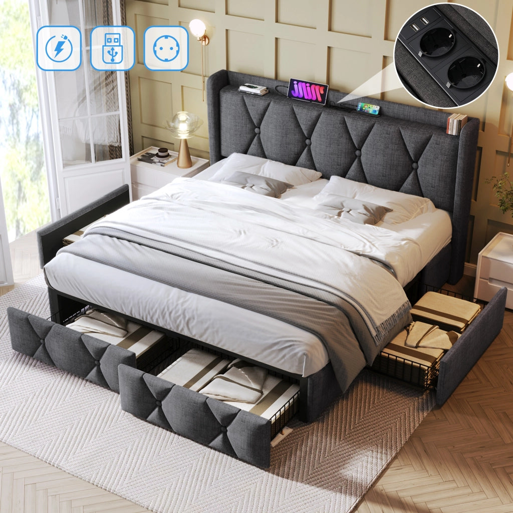 LETTO Contenitore 140x200 cm Grigio in lino con 4 cassetti, USB e prese