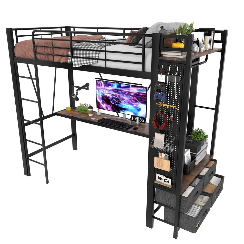 Letto a Soppalco con Scrivania e Cassetti ¨C MINIMAL ¨C LED, USB, Nero, 90x200