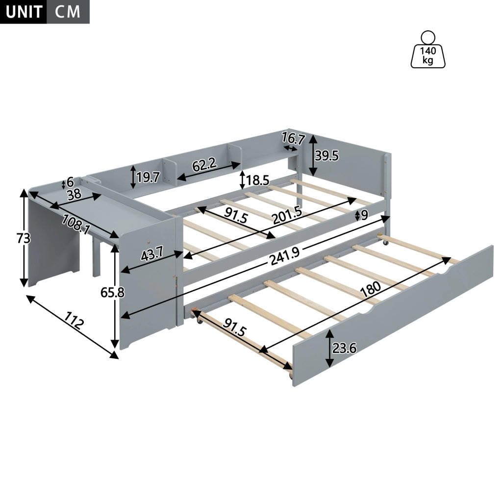 Letto singolo 90x200 cm in pino e MDF con letto estraibile, scrivania e 3 ripiani laterali, grigio