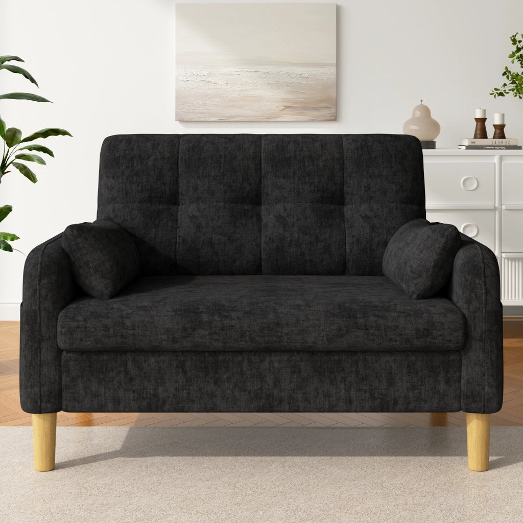Divano 2 posti compatto 119x78x85 cm in ciniglia grigia con 2 cuscini e tasca laterale