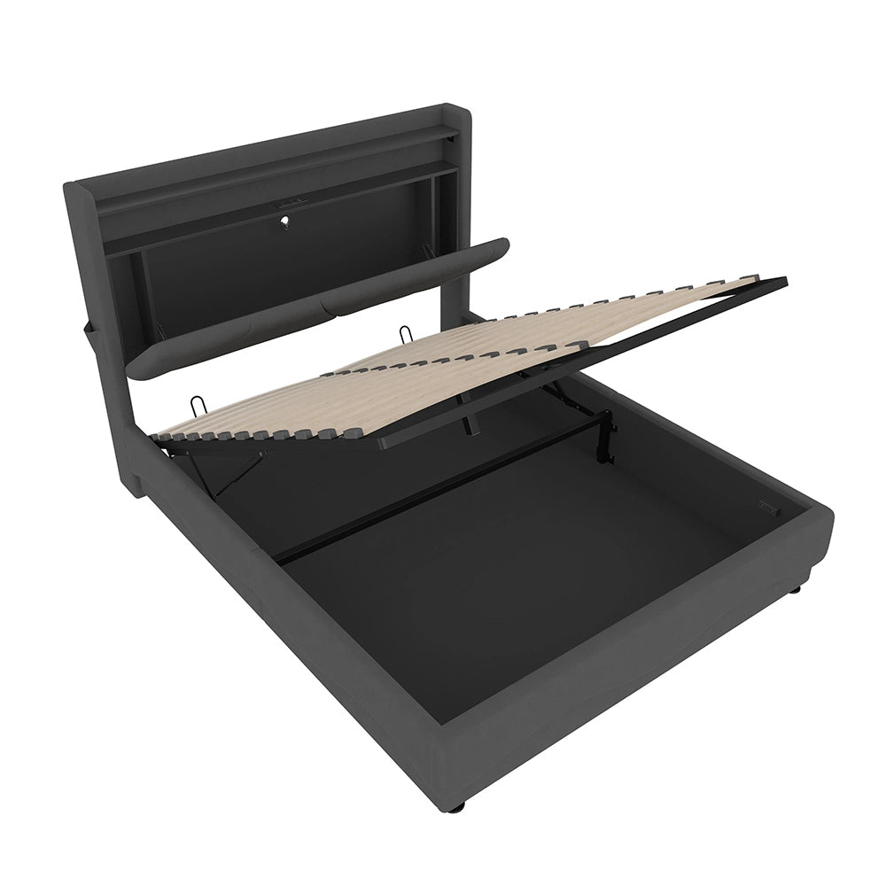 Letto 160x200cm imbottito - Xylo - LED USB tasche laterali idraulico