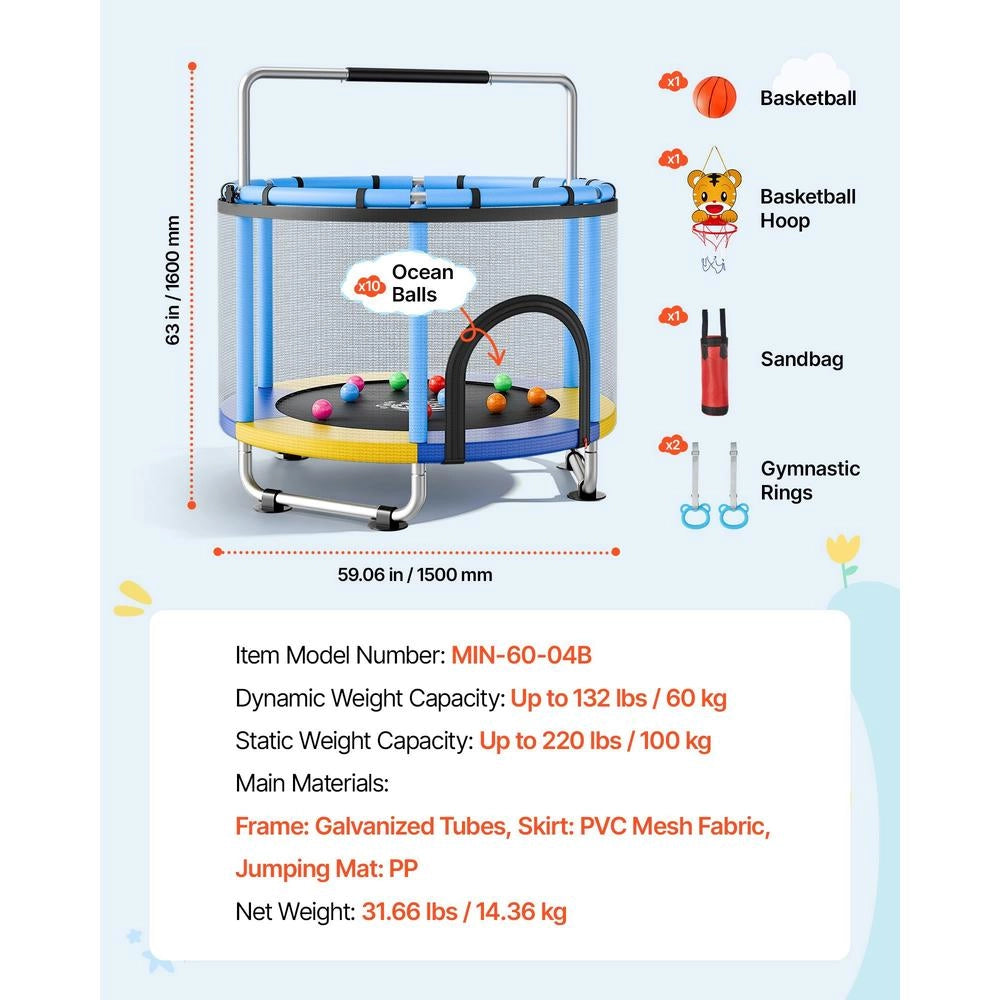 Trampolino Elastico Bambini 60kg Rete Protezione Mini Tappeto PVC Manubrio 3 Livelli per 3-12 Anni
