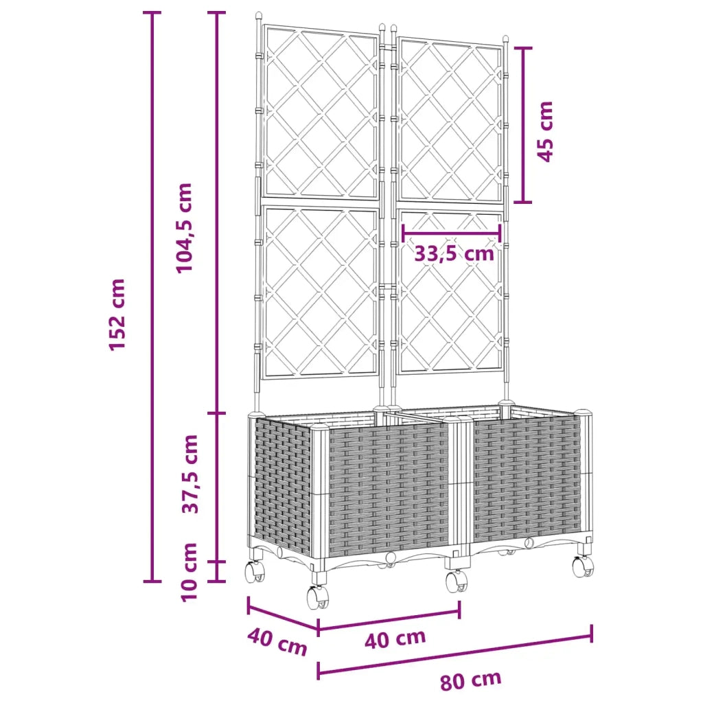 Vaso da giardino con grigliato e ruote 2 pz Grigio PP 3422991