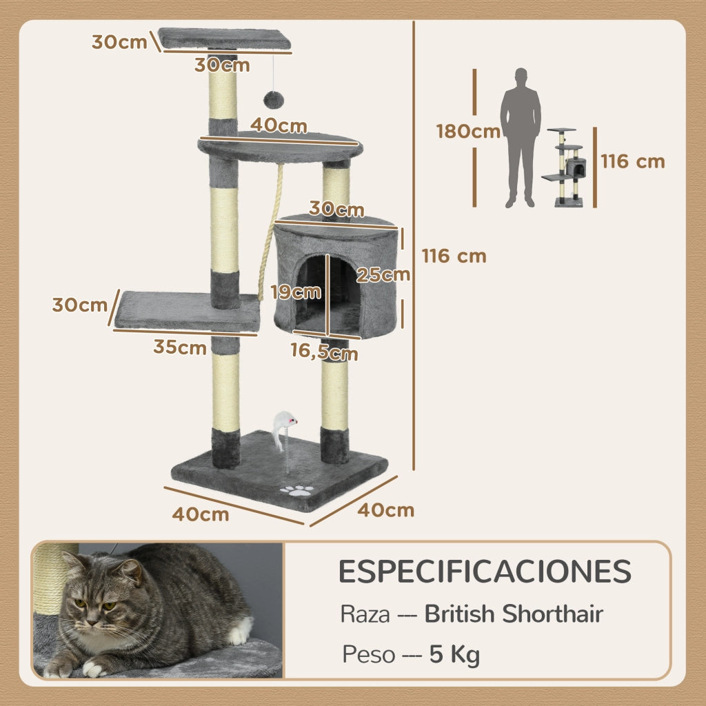 Albero per Gatti con Sisal Cuscini e Giocattoli ¨C Minimal ¨C Grigio Scuro 116 cm