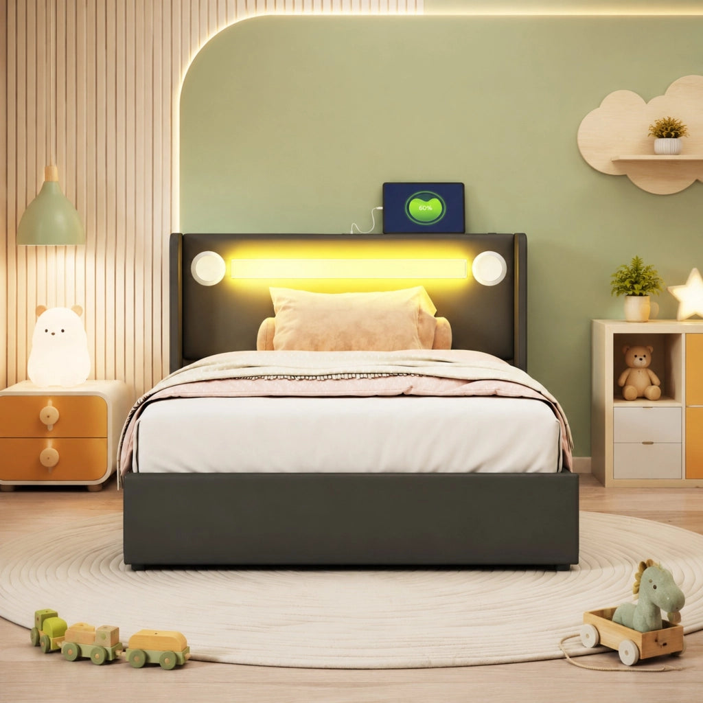 LETTO Bambini 90x200 cm in PU Nero con LED, Bluetooth e USB