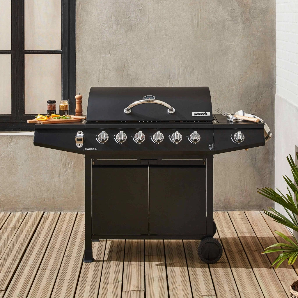 Barbecue a gas con 7 bruciatori di cui 1 laterale, nero