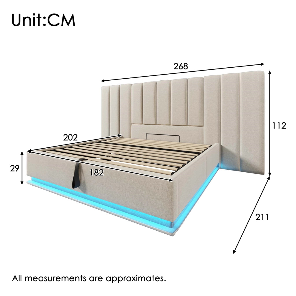 LETTO contenitore 180x200 cm beige in lino con LED e USB