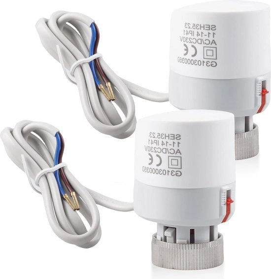 Attuatore termico elettrico 2 pezzi - AC 230 V - M30 x 15 - motore verticale - chiusura senza corrente - connettore per riscaldamento del pavimento.