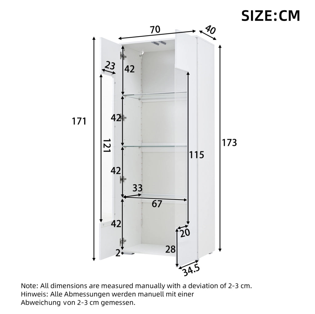 Vetrina soggiorno 70x40x173 cm con LED; 2 ante in acrilico; MDF bianco