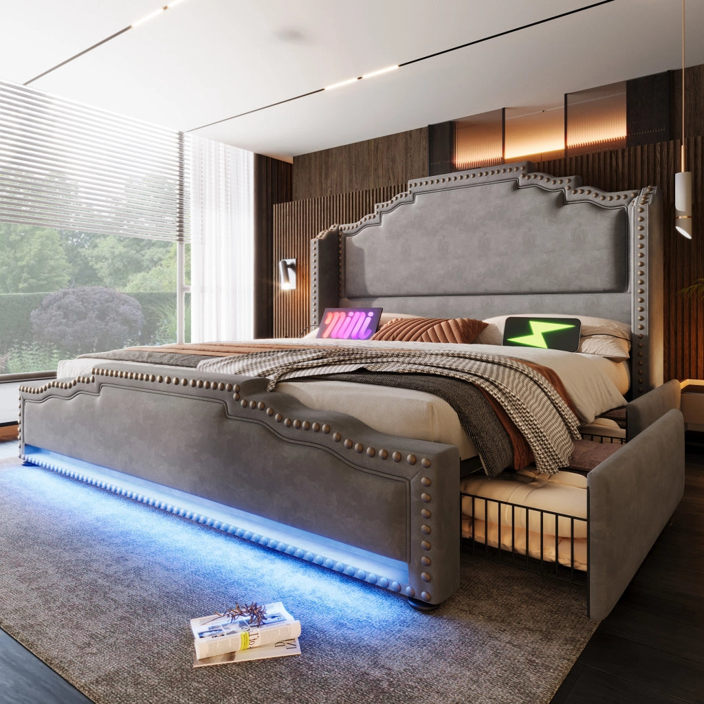Letto imbottito 160x200 - Zephmum - 4 cassetti, LED, USB-C, velluto grigio