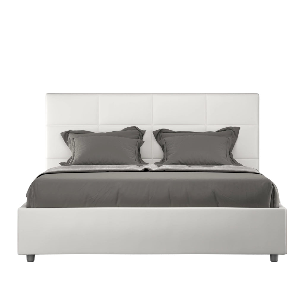 BS COM Letto matrimoniale francese con rete imbottito 140x210 similpelle bianco