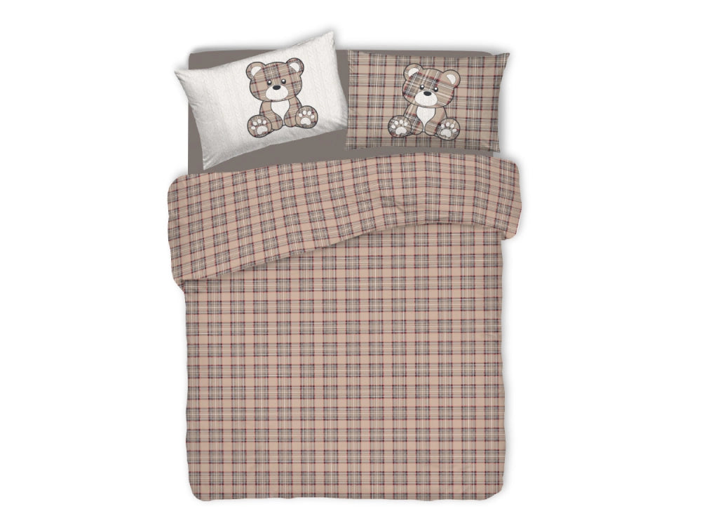 Copripiumino Sacco Piumone Pensieri Delicati 100% Cotone Orsetto Tartan - Matrimoniale - Beige