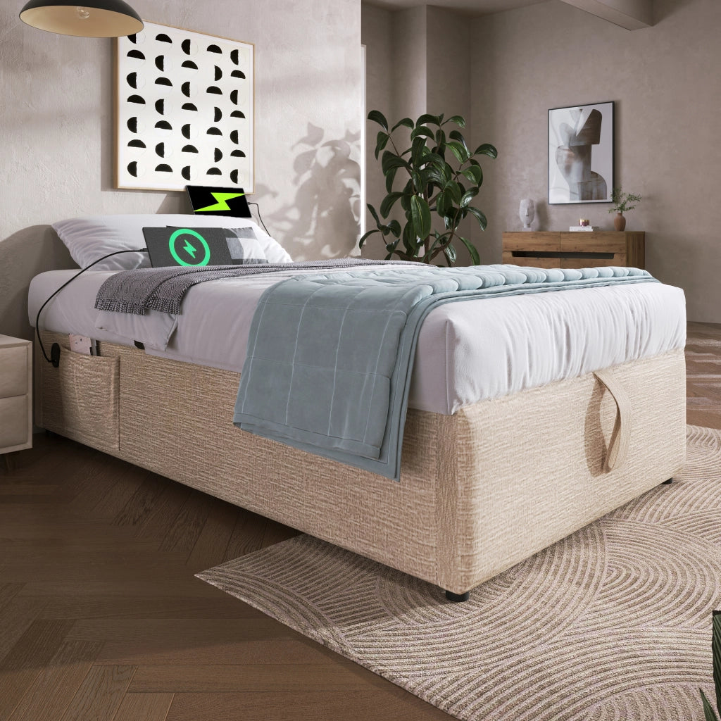 LETTO Contenitore 90x190 cm in lino Naturale con USB e Type-C