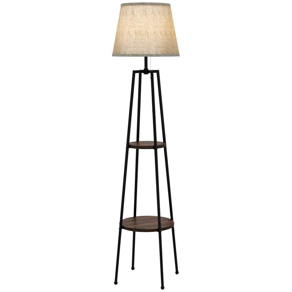 EasyComfort Lampada da Terra a 2 Ripiani in Metallo e MDF con Paralume in Tessuto, Ø42x166 cm, Nero e Marrone