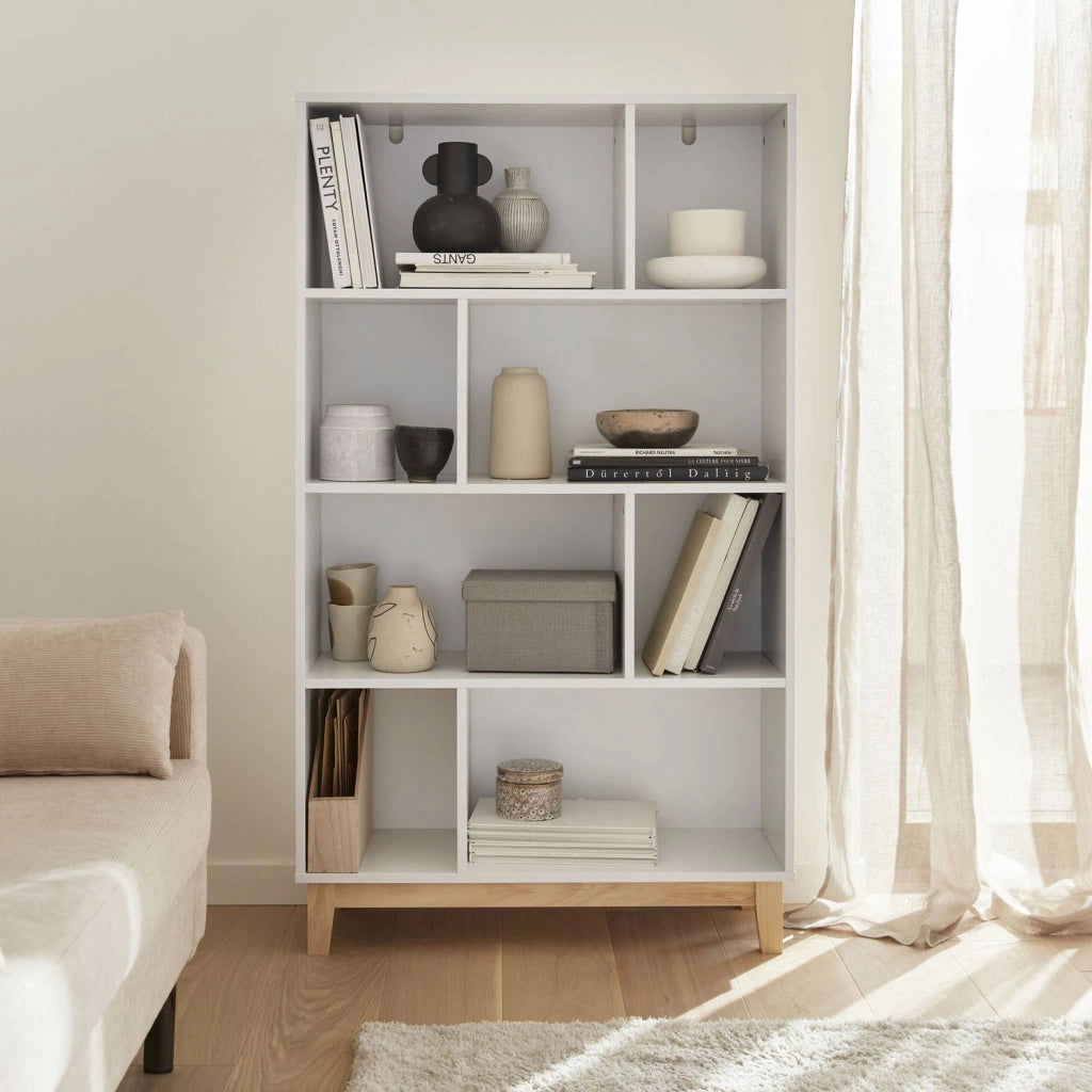 Libreria effetto legno con gambe in legno e 4 ripiani, bianco