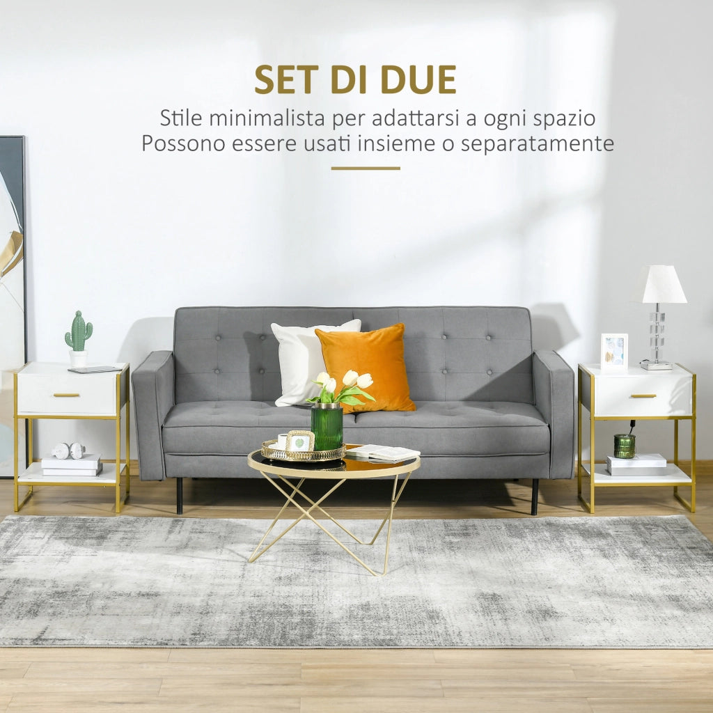 Comodini Moderni con Cassetto ¨C Minimal ¨C Bianco e Oro, MDF e Acciaio, 45x40x60cm