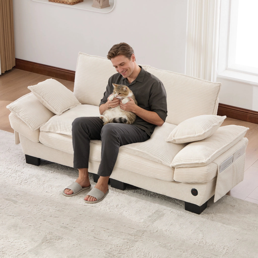 Divano Modulare 2 Posti con Cuscini ¨C MINIMAL ¨C Tessuto a Coste, Beige
