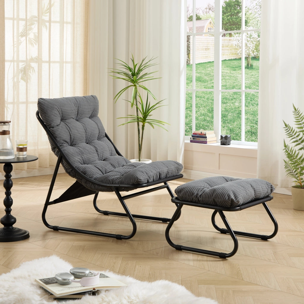 Sedia da patio esterno con pouf poltrona reclinabile comoda con cuscino e poggiapiedi ideale per soggiorno camera da letto sala di lettura telaio nero con cuscino grigio