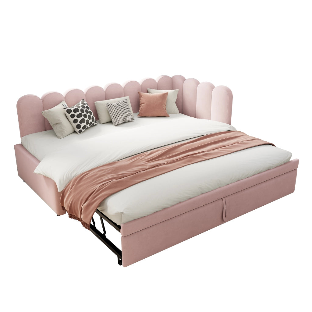 Divano letto estraibile a L 90x200/180x200 cm in velluto rosa con letto supplementare