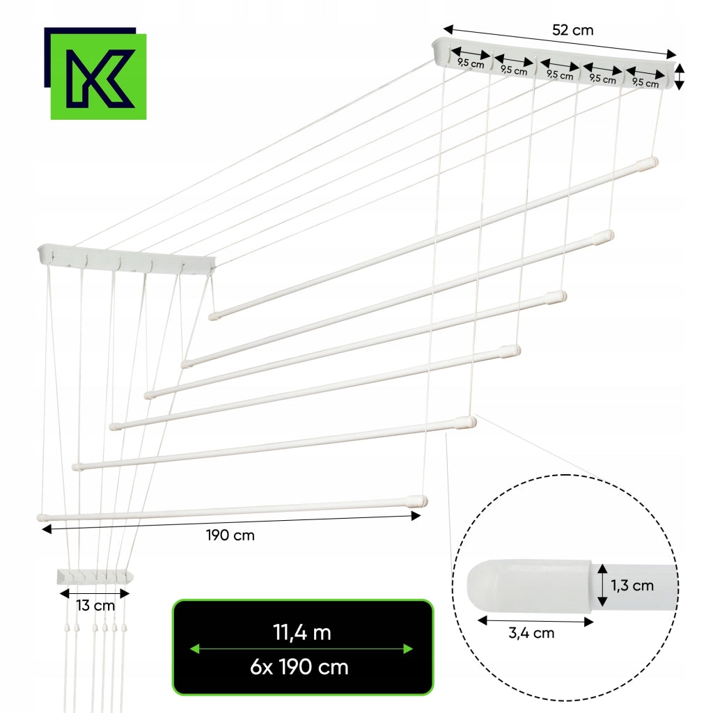 Stendibiancheria da soffitto KADAX per bagno, 6 barre, 190 cm, resistente e robusto.