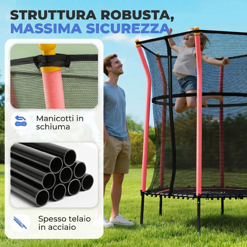 Tappeto Elastico per Bambini con Ingresso a Cerniera e Pali Imbottiti, ?163.5x190 cm, Rosso