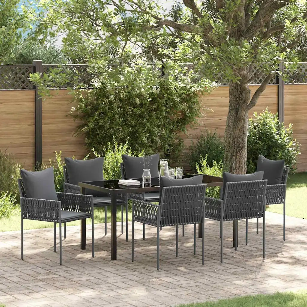 Set da Pranzo per Giardino 7 pcs Nero e Grigio Rattan in PE