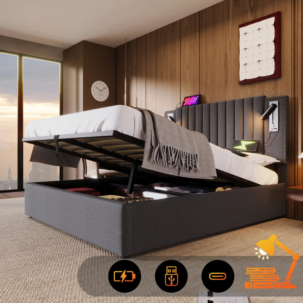 LETTO Contenitore 180x200 cm Grigio in Cotone con luce lettura e USB