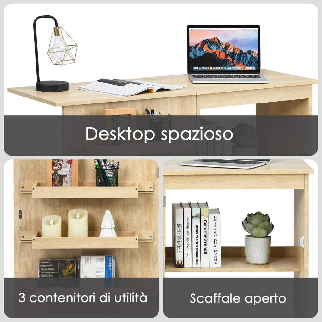 Mobile per Macchina da Cucire Pieghevole, Tavolo da Cucito con Ruote Bloccabili e Ripiani Portaoggetti, Tavolo per Macchina da Cucire Multiuso da Studio e Salotto (Legno Chiaro)