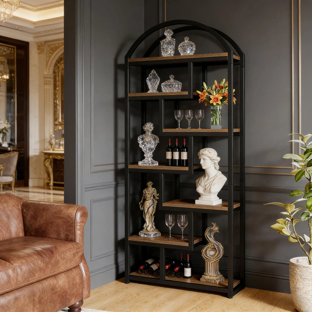 Libreria a 7 ripiani in MDF e metallo nero, scaffale industriale aperto con finitura marrone rustico, h 180 cm
