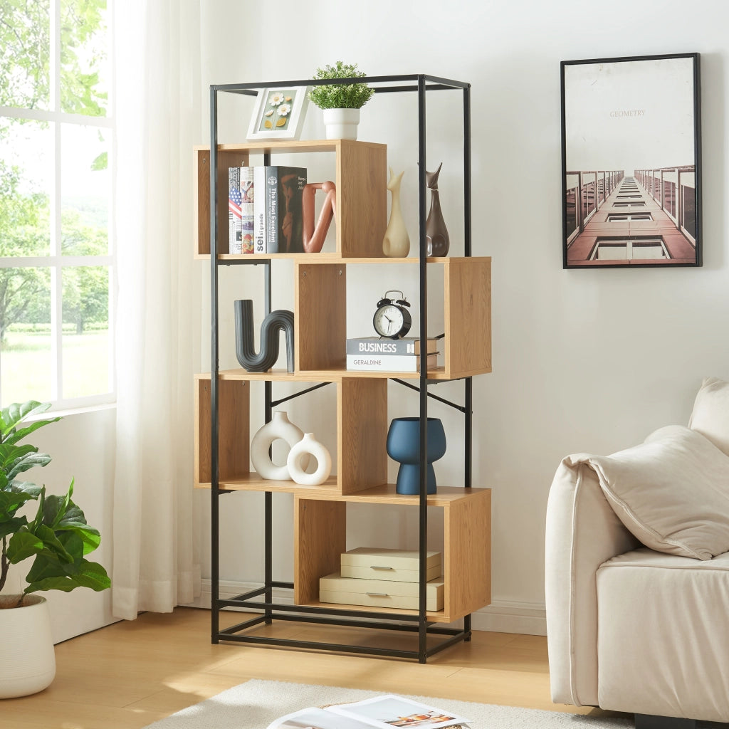 Libreria Rennebu con 4 Scomparti Aperti - Effetto Rovere / Nero [en.casa]